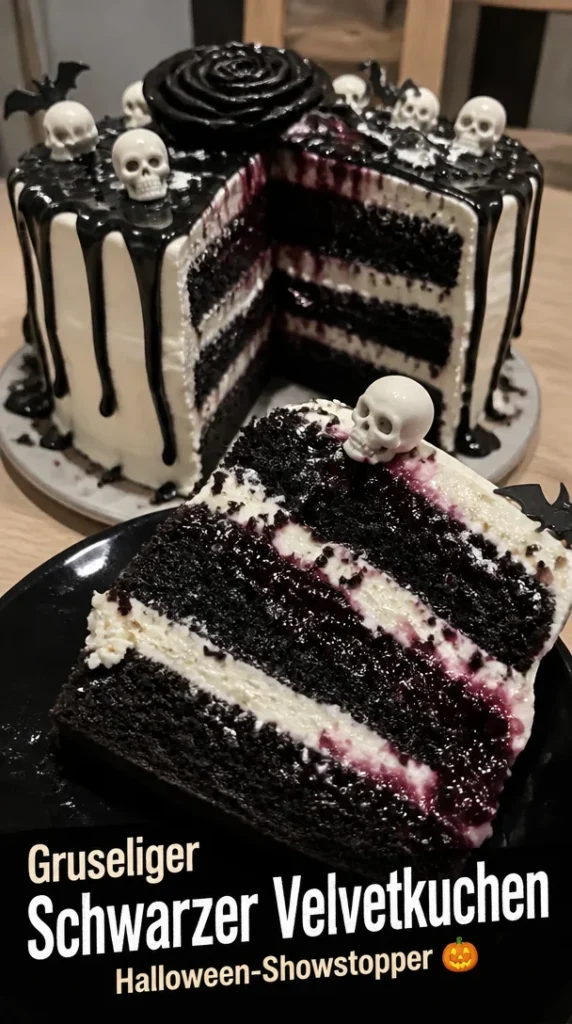 Gruseliger schwarzer Velvetkuchen für Halloween