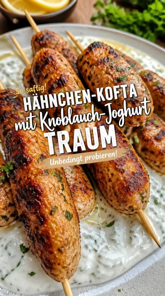 Hähnchen-Kofta mit Knoblauch-Joghurtsoße auf einem Teller serviert