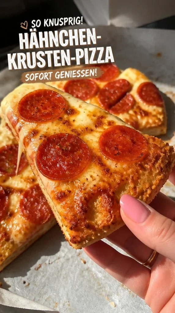 Hähnchen-Krusten-Pizza: knusprig und saftig serviert auf einem Tisch.