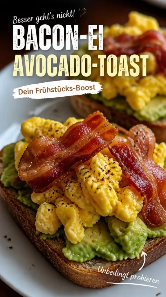 Herzhaftes Bacon-Ei-Avocado-Toast auf einem Teller mit frischem Schnittlauch