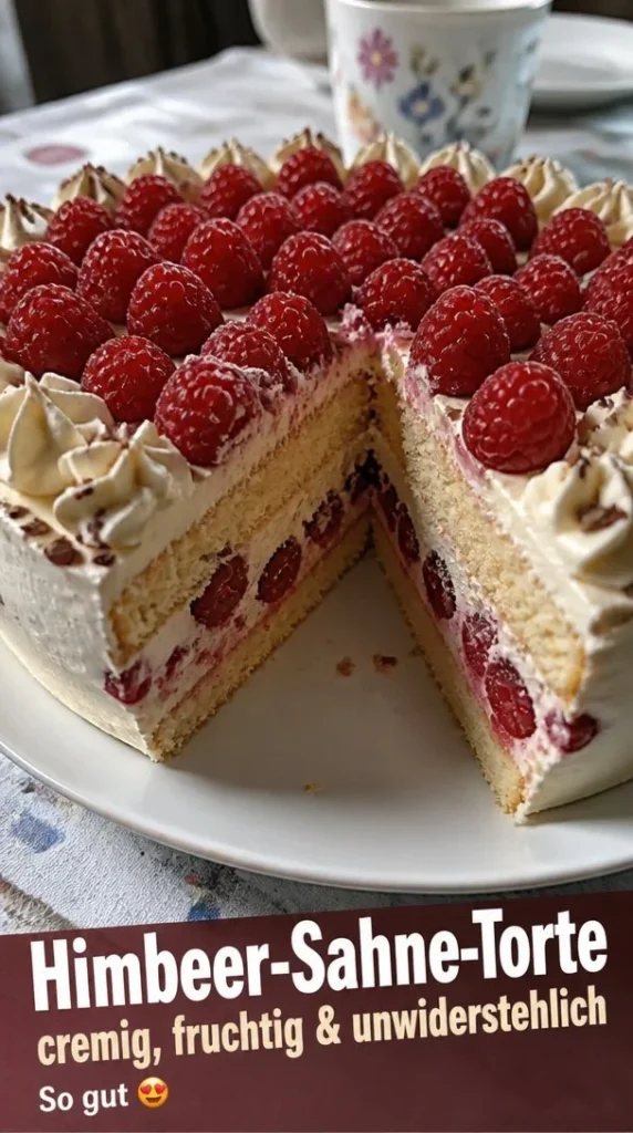 Leckere Himbeer-Sahne-Torte mit cremiger Sahne und fruchtigen Himbeeren