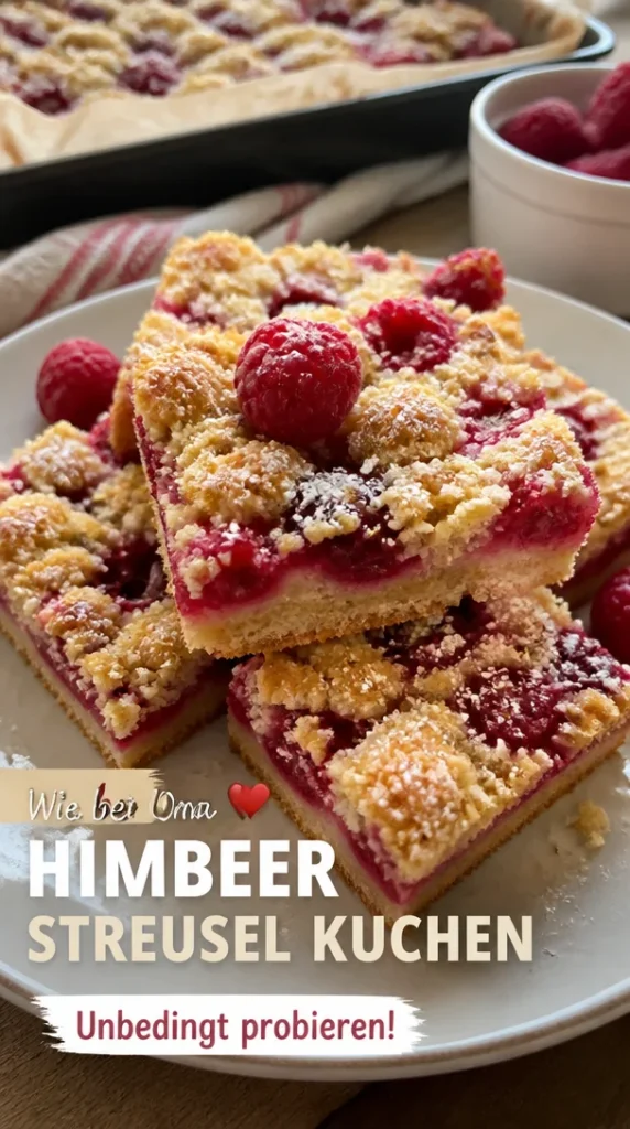 Himbeer-Streusel-Kuchen vom Blech mit frischen Himbeeren und knusprigen Streuseln