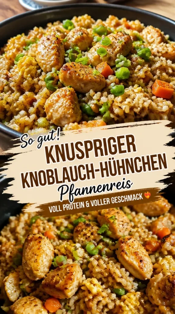 Knoblauch-Hühnchen-Pfannenreis mit frischen Zutaten in einer Pfanne zubereitet.