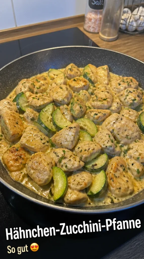 Hühnchen-Zucchini-Pfanne auf einem weißen Teller serviert