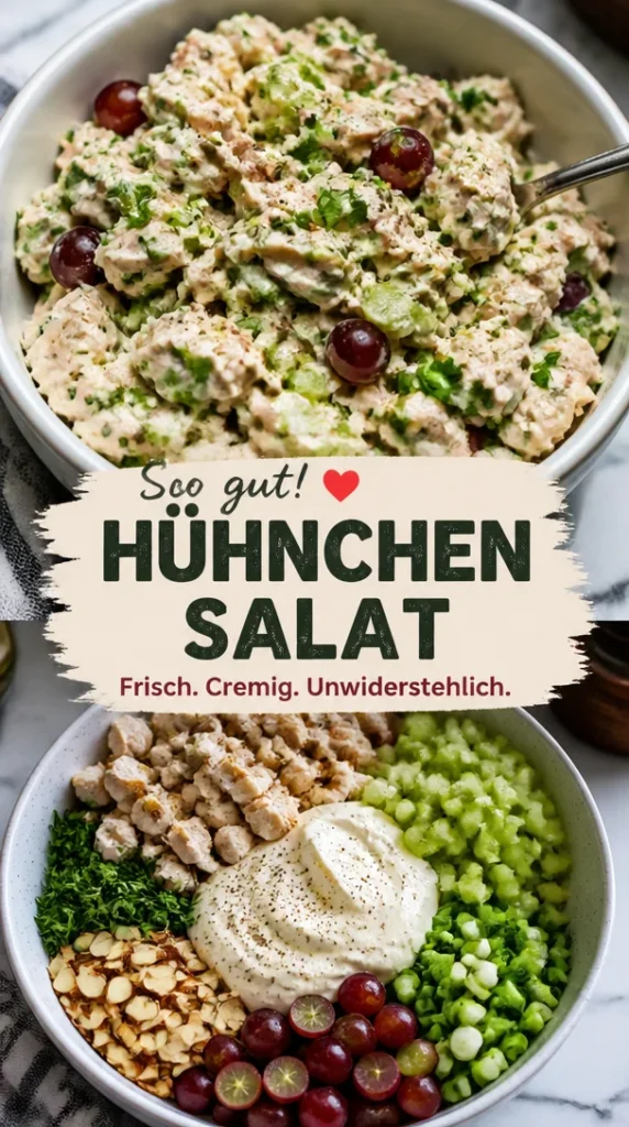 Leckerer Hühnchensalat in einer bunten Schüssel mit frischem Gemüse.