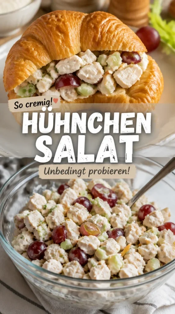 Eine appetitliche Schüssel Hühnchensalat mit frischem Gemüse und Dressing.