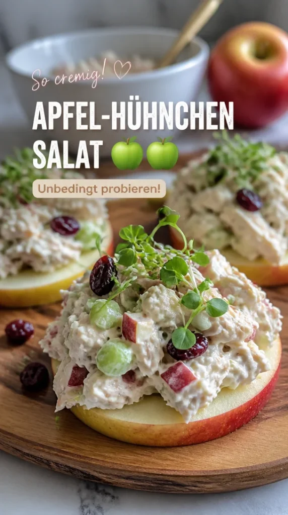 Hühnchensalat mit Äpfeln auf einem bunten Teller serviert