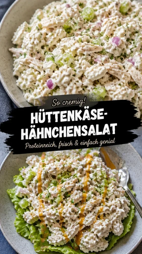 Hüttenkäse-Hähnchensalat mit frischen Zutaten in einer Schüssel angerichtet