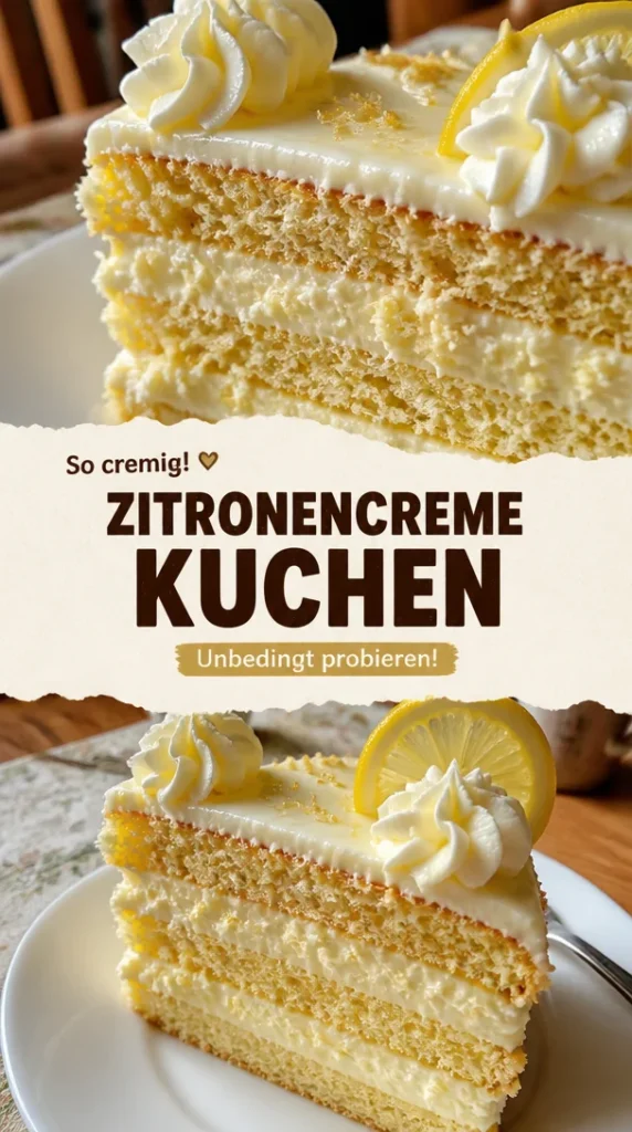 Italienischer Zitronencreme Kuchen mit frischer Zitronenfüllung und Sahne