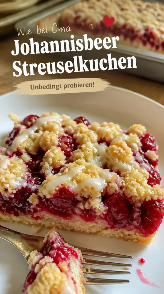 Johannisbeerkuchen mit Streuseln auf einem Blech, frisch gebacken