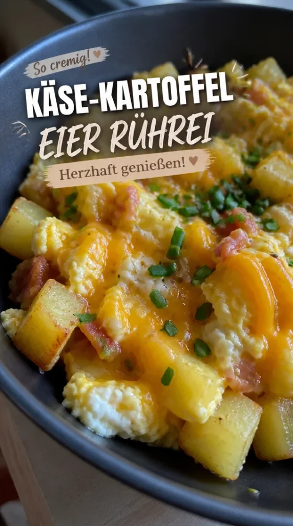 Cremiges Rührei mit Käse und Kartoffeln auf einem Teller