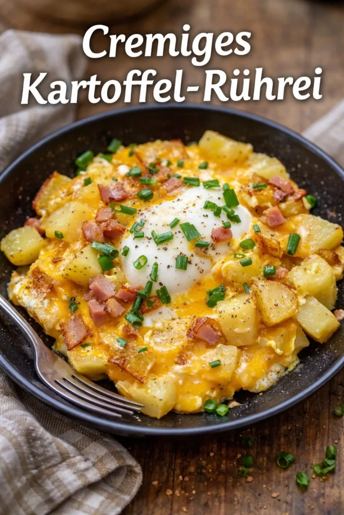 Käse Kartoffel Eier Rührei, cremig und herzhaft, auf einem Teller serviert.