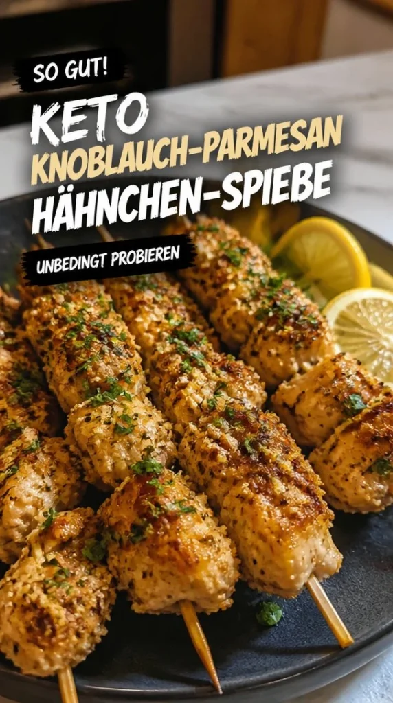 Keto-Knoblauch-Parmesan-Hähnchenspieße auf einem Grill serviert