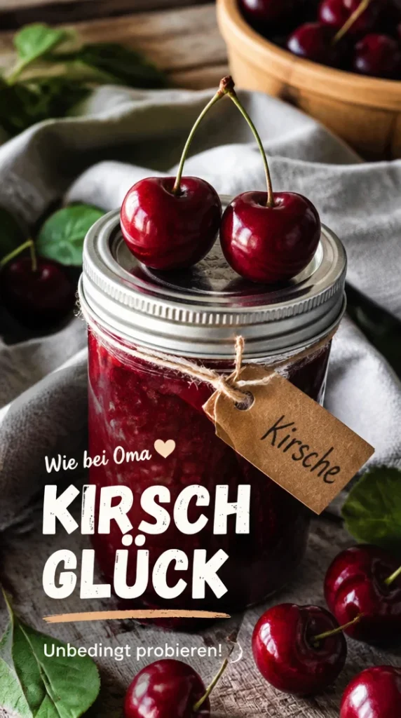 Schale mit frischer Kirschmarmelade und Kirschen auf einem Holzuntergrund