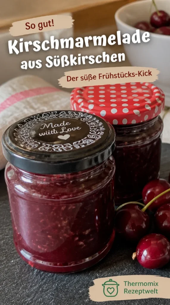 Hausgemachte Kirschmarmelade aus frischen Süßkirschen im Glas
