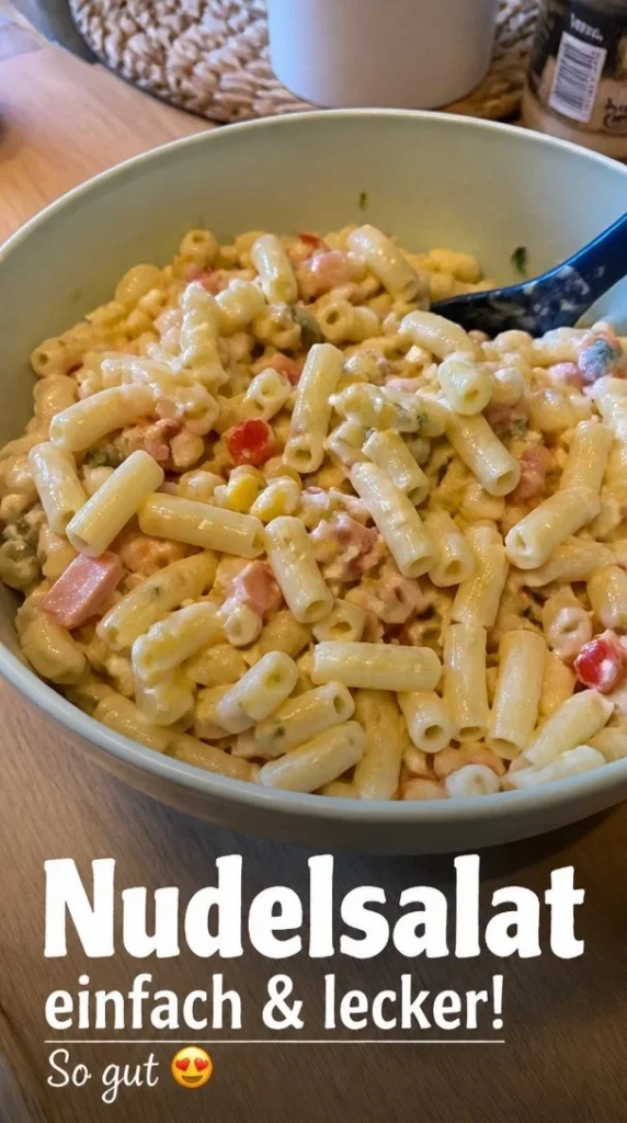 Klassischer Nudelsalat für Grillpartys, cremig und lecker.