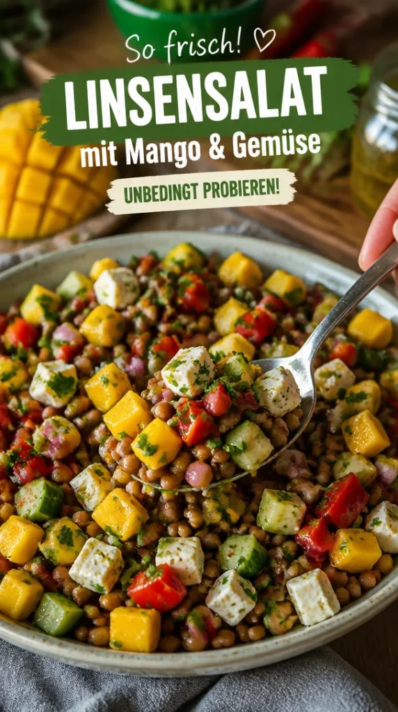 Knackiger Linsensalat mit frischem Gemüse und Mango in einer Schüssel
