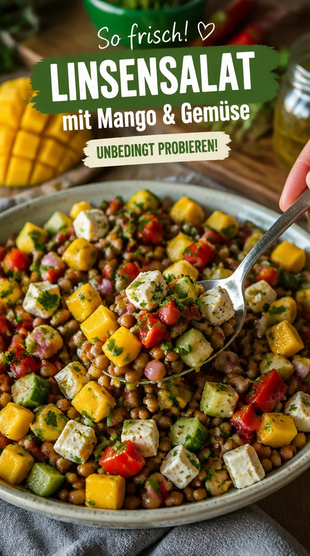 Knackiger Linsensalat mit frischem Gem&uuml;se und Mango