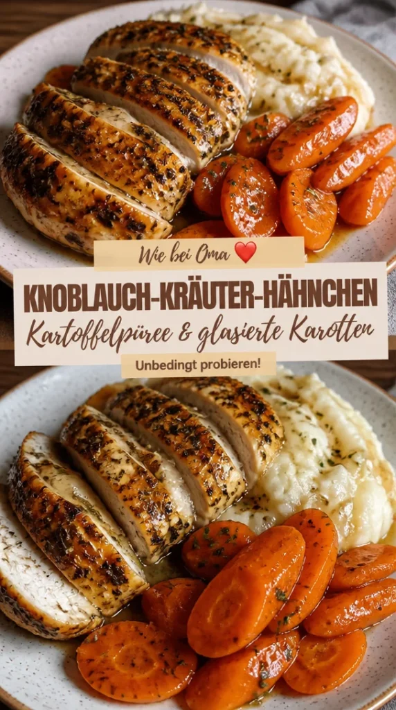 Knoblauch-Kräuter-Hähnchen mit Kartoffelpüree und glasierten Karotten serviert