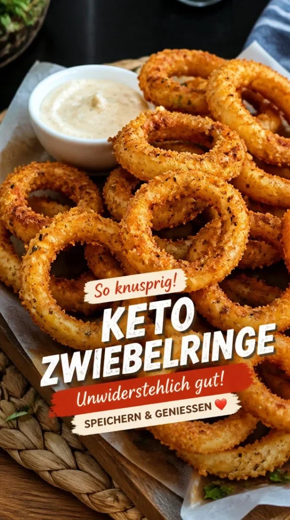 Knusprige Keto-Zwiebelringe auf einem Teller, ideal für Keto-Liebhaber.
