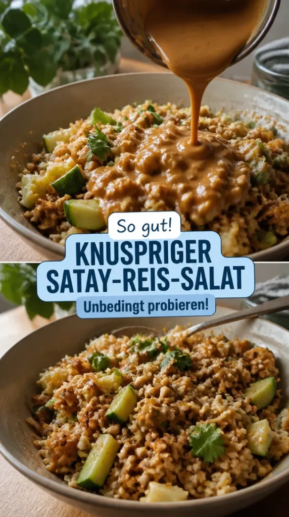 Knuspriger Satay-Reis-Salat mit frischen Zutaten und Erdnusssauce