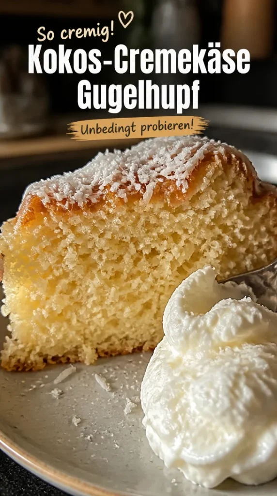 Kokos-Cremekäse-Gugelhupf mit Kokosnuss und cremiger Käsefüllung.