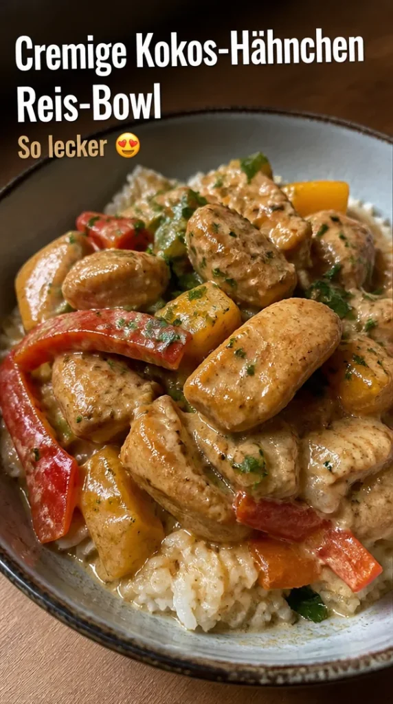 Kokos-Hähnchen-Reis-Bowl mit frischen Zutaten in einer Schüssel