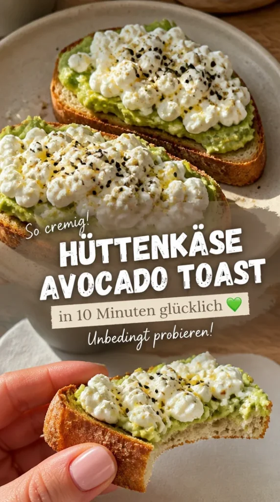 Hüttenkäse-Avocado-Toast auf einem Holzbrett angerichtet mit frischen Zutaten