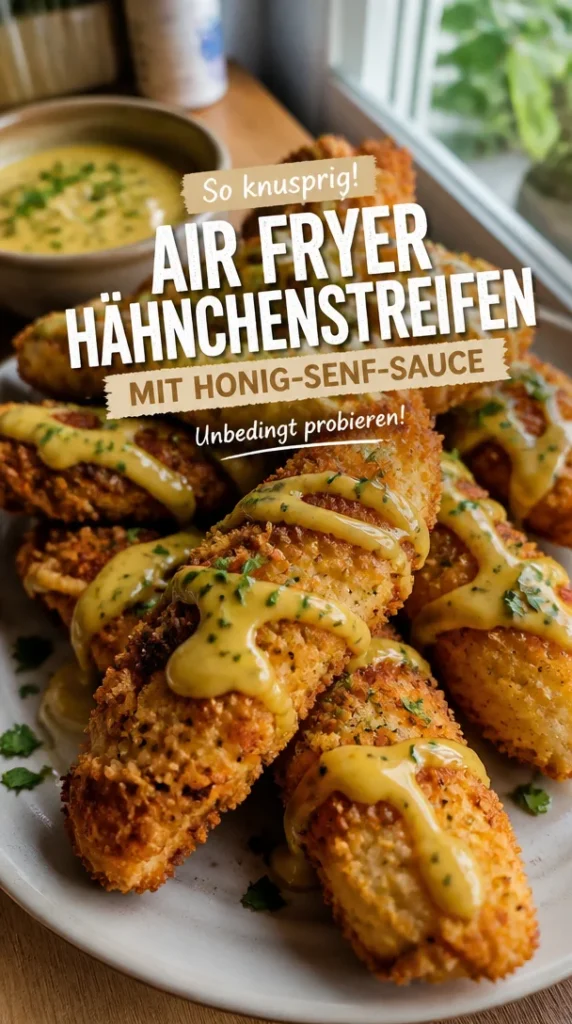 Krosse Air Fryer Hähnchenstreifen mit Honig-Senf-Sauce auf einem Teller