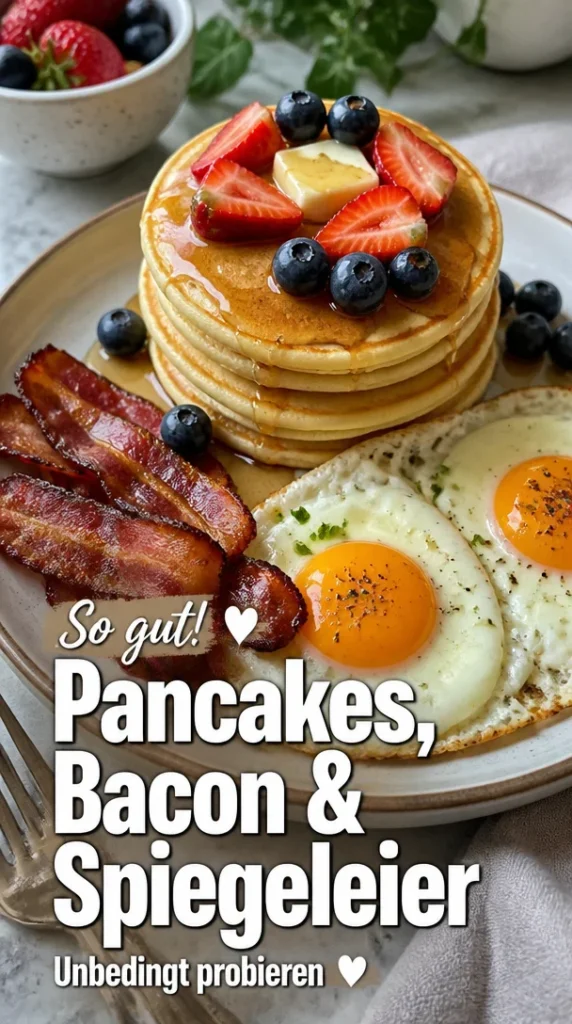 Buttermilch-Pancakes mit knusprigem Bacon und Spiegeleiern auf einem Teller