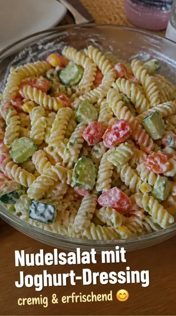 Leichter Nudelsalat mit Joghurt-Dressing für heiße Tage, erfrischend und gesund.