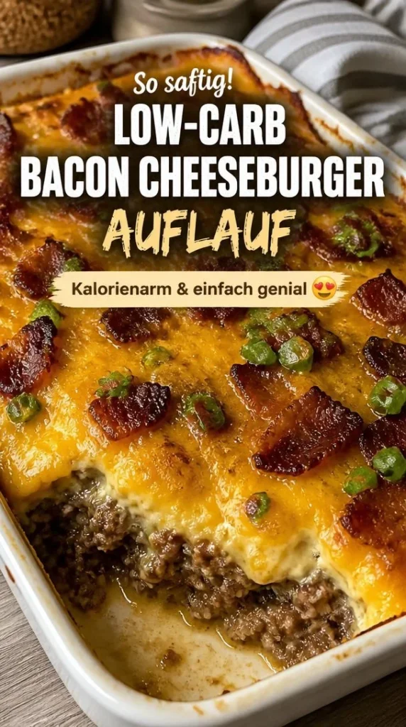 Low-Carb Bacon Cheeseburger Auflauf mit Käse und Speck auf einem Teller