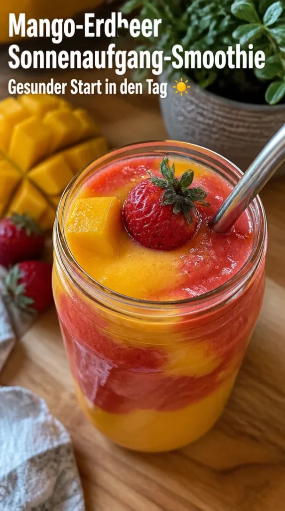 Mango-Erdbeer-Sonnenaufgang-Smoothie in einem Glas mit frischen Früchten