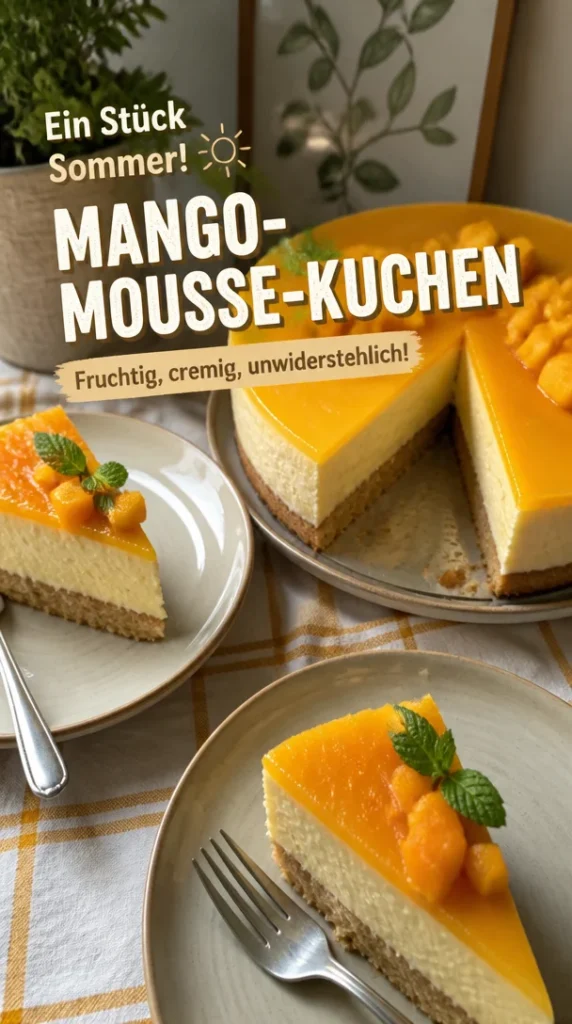 Mango-Mousse-Kuchen auf einem Teller, fruchtig und cremig dekoriert.