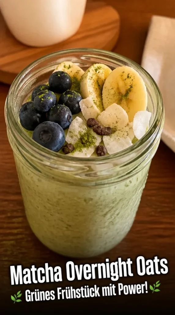 Matcha Overnight Oats in einer Schüssel, dekoriert mit Früchten und Nüssen