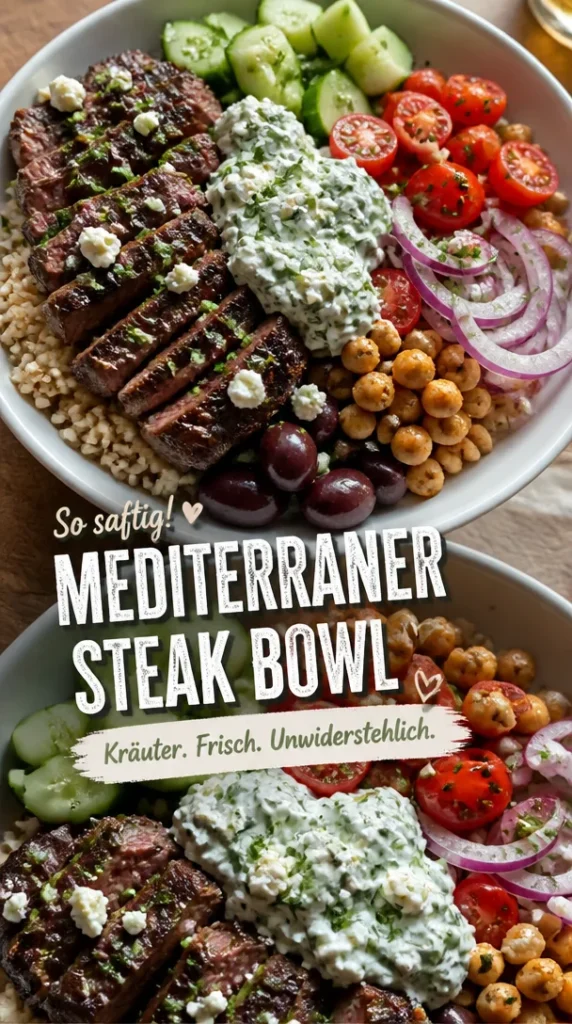 Mediterranes Steak Bowl mit saftigem Steak und frischen Kräutern