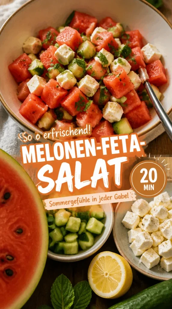 Leckerer Melonen-Feta-Salat mit frischen Zutaten auf einem Teller