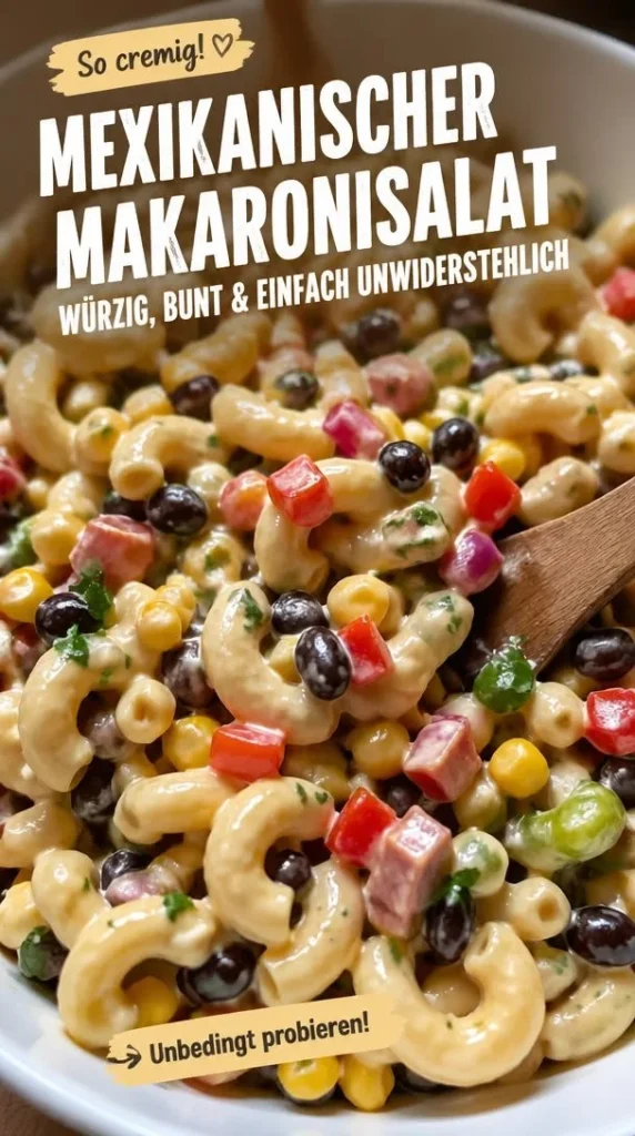 Mexikanischer Makaronisalat, cremig und würzig für einen leckeren Genuss.