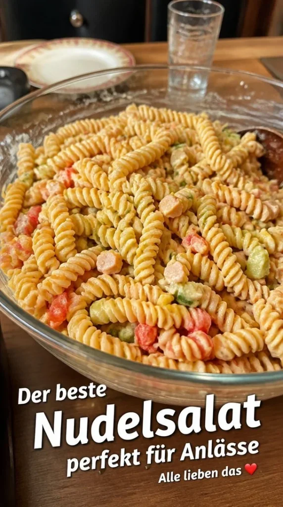 Bunter Nudelsalat mit frischem Gemüse und Dressing