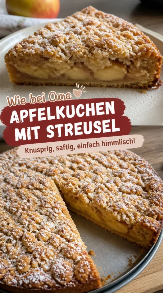 Omas Apfelkuchen mit Streusel zeigt knusprige Krümel und saftige Äpfel.