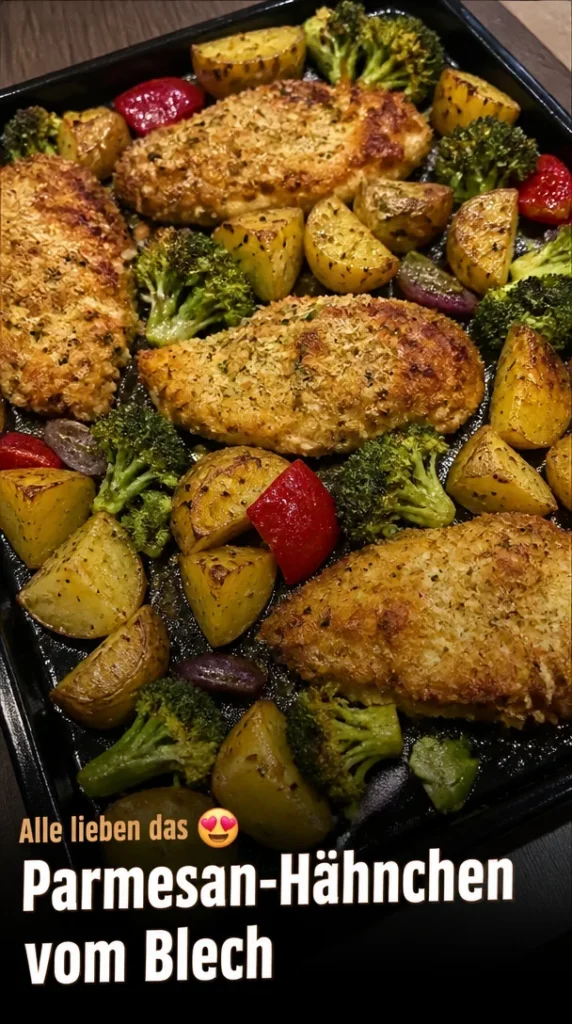 Parmesan Crusted Chicken auf einem Blech mit Gemüse für ein schnelles Abendessen