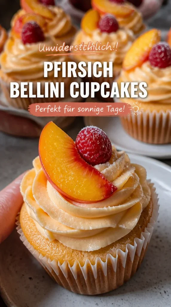 Pfirsich Bellini Cupcakes mit fruchtiger Creme und Pfirsichstücken