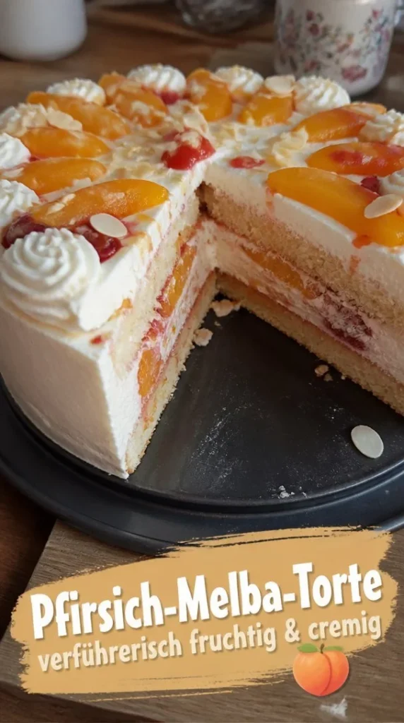 Pfirsich-Melba-Torte als sommerliches Dessert mit Pfirsichen und Eis