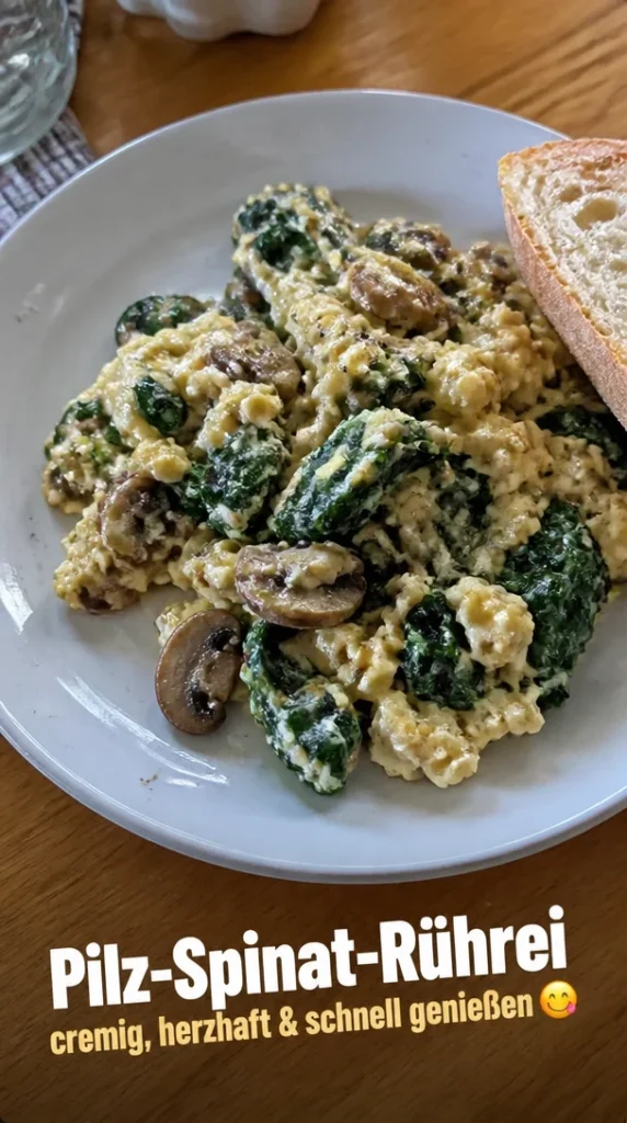 Leckeres Pilz-Spinat-Rührei auf einem Teller, ideal für ein schnelles Frühstück.
