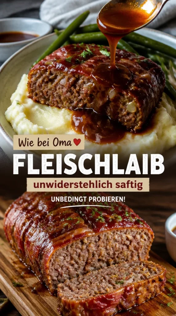 Saftiger Pioneer Woman Fleischlaib auf einem dekorativen Teller serviert.