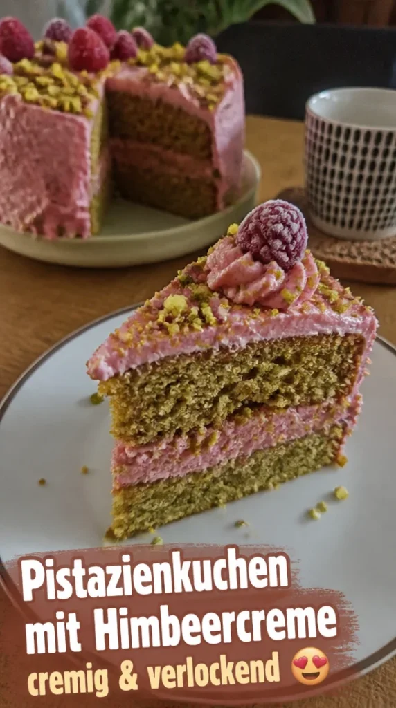 Delikater Pistazienkuchen mit Himbeer-Buttercreme, perfekt für festliche Anlässe.