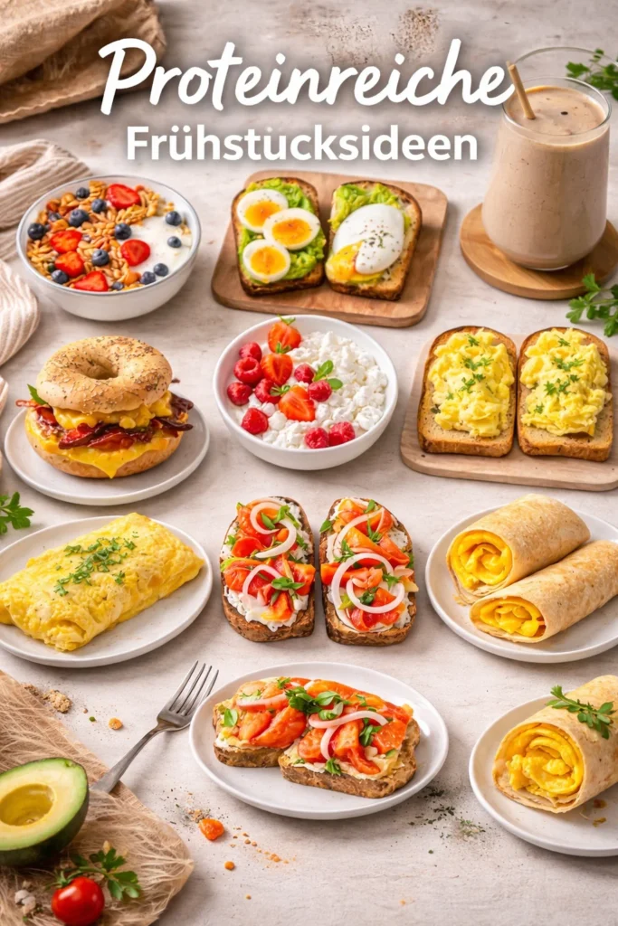 Verschiedene proteinreiche Frühstücksrezepte auf einem Tisch