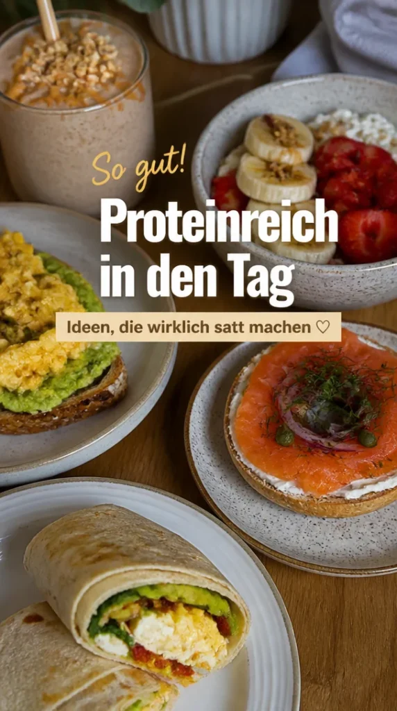 Verschiedene proteinreiche Frühstücksoptionen auf einem Tisch