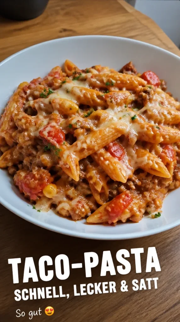Proteinreiches Taco-Pasta Gericht in einer Schüssel mit frischen Zutaten