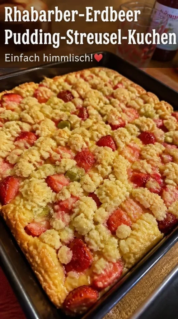 Pudding-Streusel-Kuchen mit Rhabarber und Erdbeeren auf einem Teller